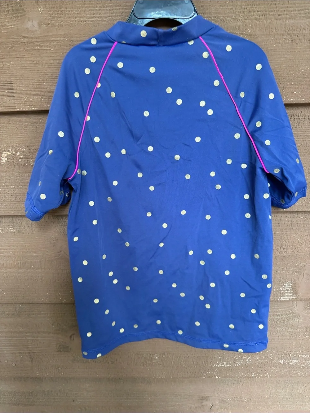 Boden Girls Blue Polka Dot Rash Guard with Pink Piping size 9-10